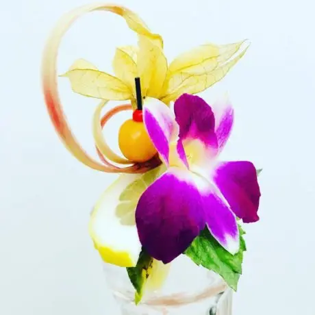 Koktajl ozdobiony kwiatem orchidei, physalis i plasterkiem cytryny