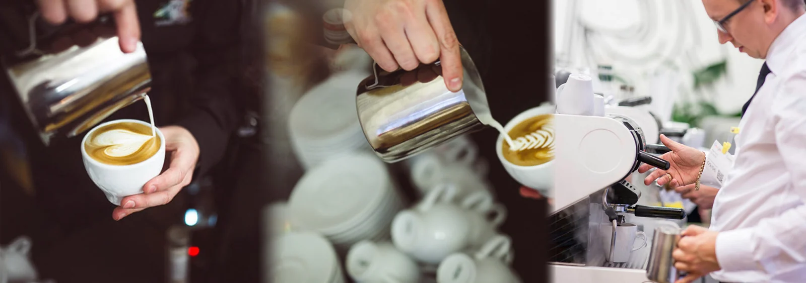 Dwaj bariści jednocześnie nalewają mleko do filiżanek, wykańczając latte art