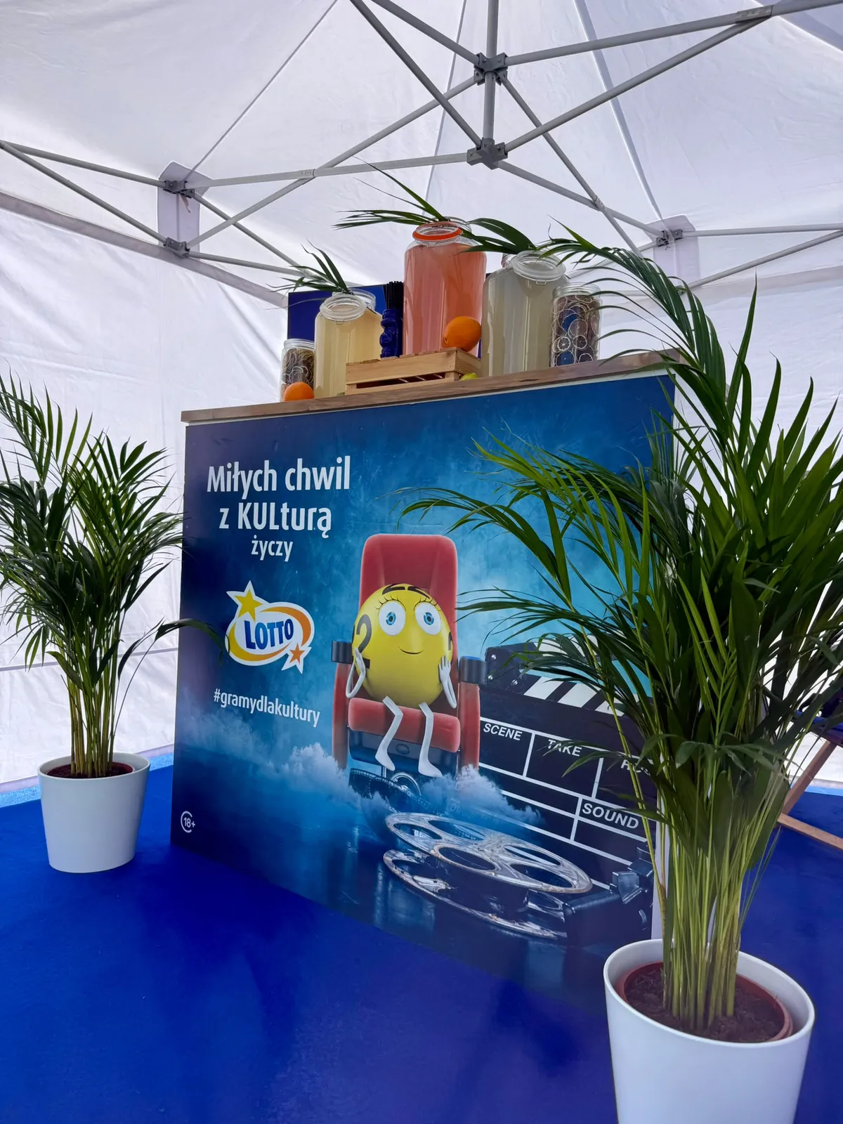 Bar z lemoniadami w dużych słojach, pomarańczami i suszonymi cytrusami, z brandowanym frontem klienta i palmami pod namiotem