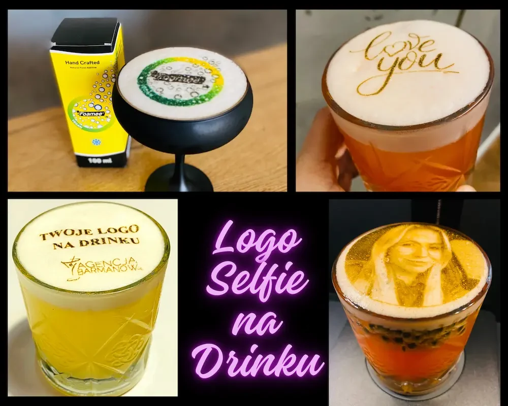 Cztery drinki z nadrukami na piance: logo marki, napis „Love you”, logo Agencji Barmanów i selfie gościa