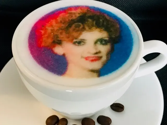 Kubek kawy latte z kolorowym portretem na piance